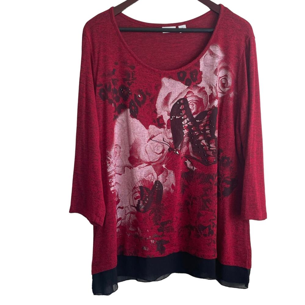 Cato Women Top XL Red Long Sleeve Gem Detail Multi Media Art To Wear Romantic